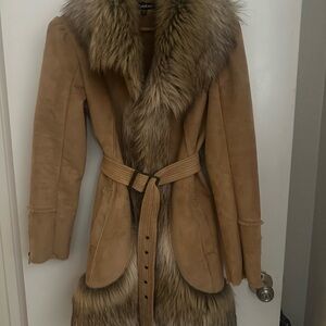 Tan Teddy Jacket with Fur Trim and Long Length